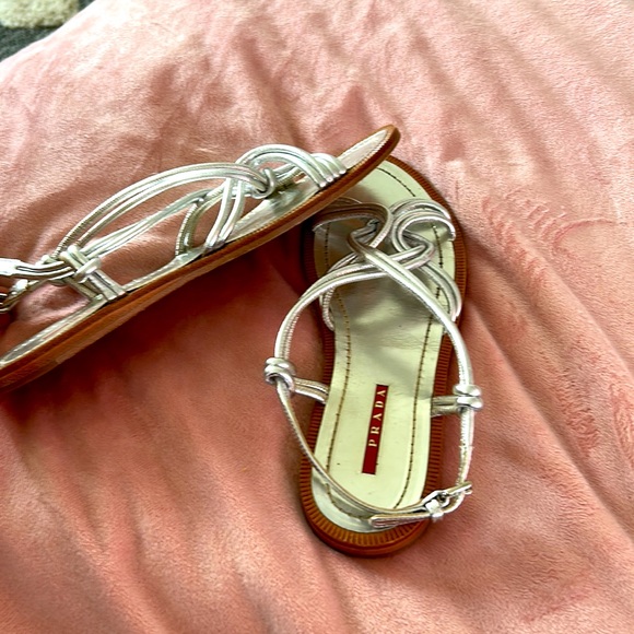 PRADA Metallic Silver Twist Flat Sandals - Picture 6 of 6